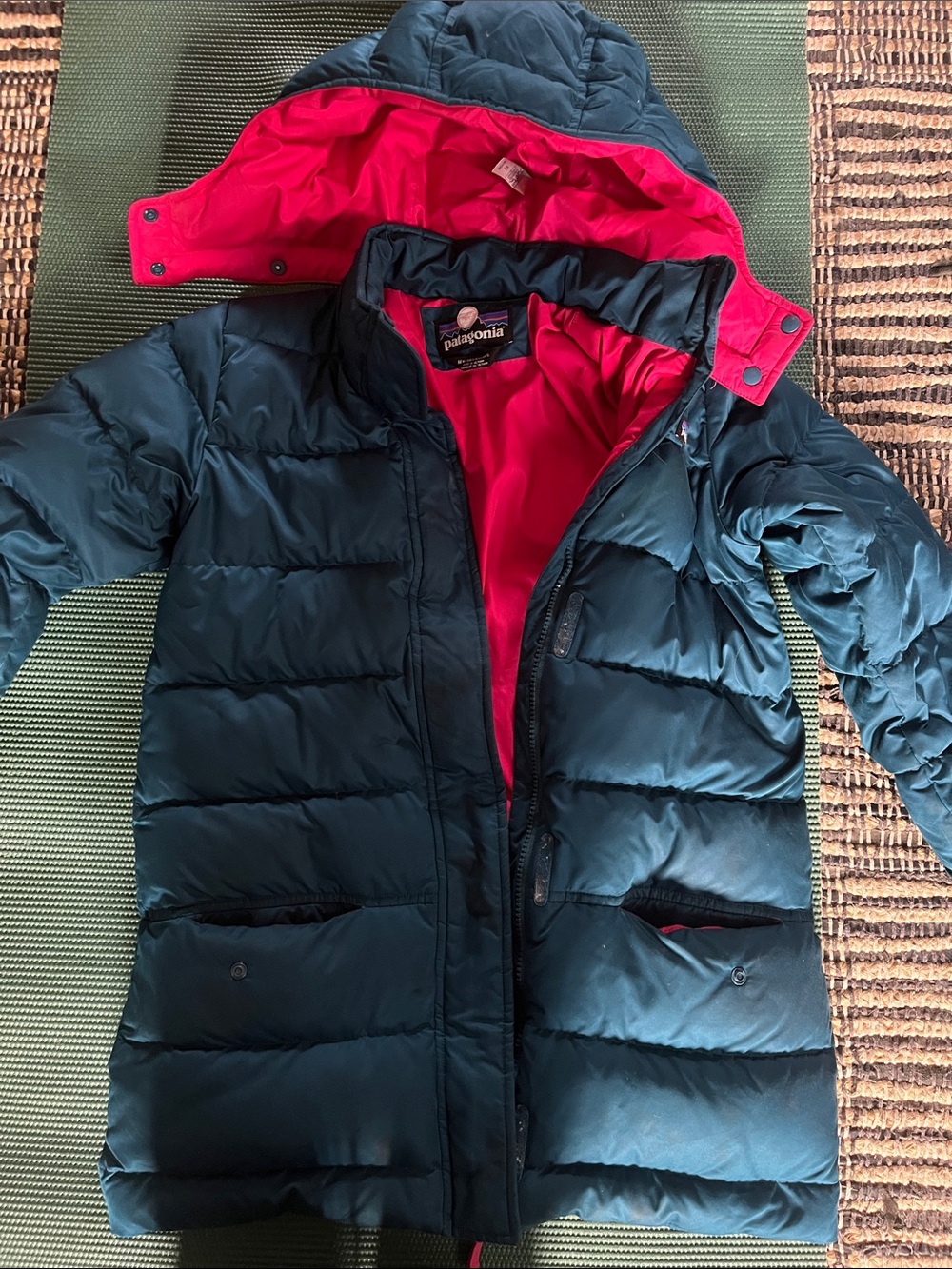 Patagonia Kids Navy Puffer Coat with Bright Pink Lining